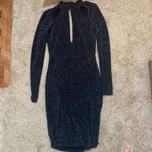 Long sleeve black shimmer open back dress